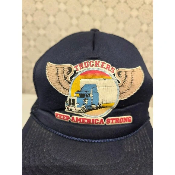 Vintage Truckers Keep America Strong Mesh Back Trucker Hat Navy Blue - Picture 2 of 7